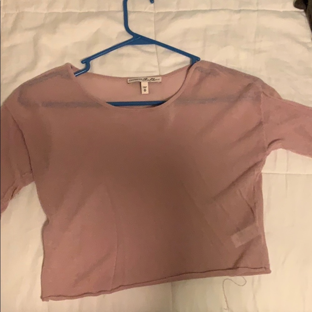 Quarter sleeve see through light pink crop top.